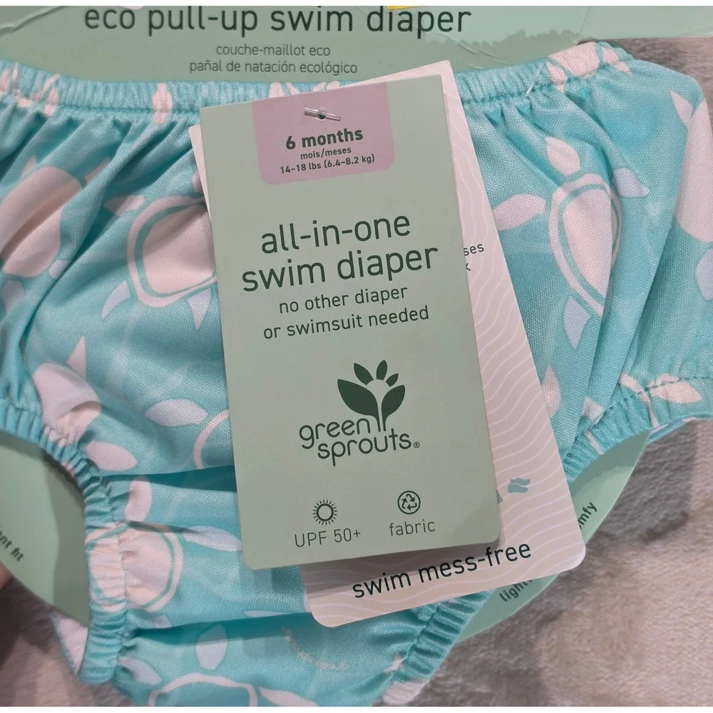 Green Sprouts Teal‎ Turtle Eco Pull-Up Swim Diaper 6 Months UPF 50+ Reusable